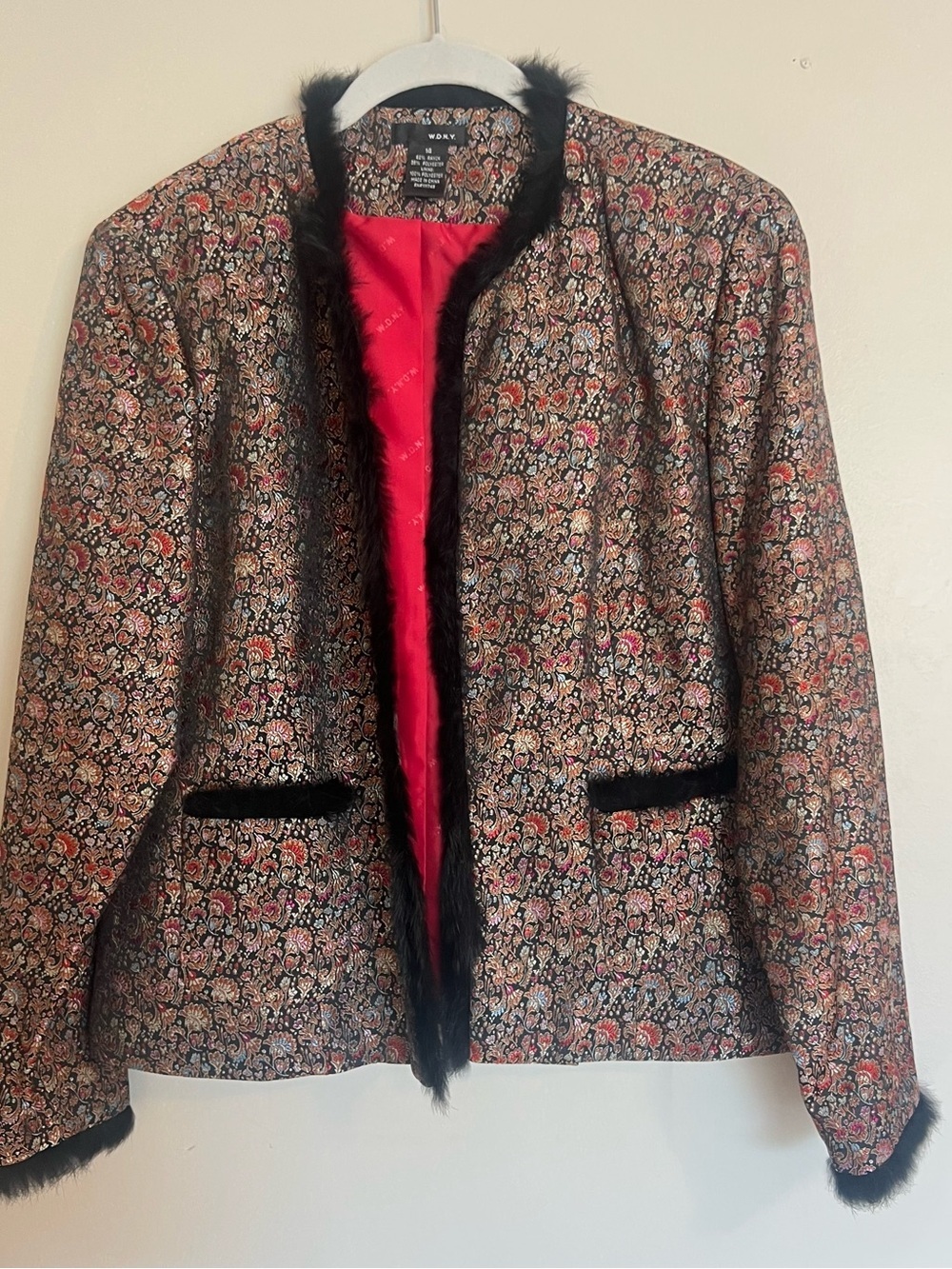 Vintage WDNY Multicolor Floral Brocade Jacket with Black Faux-Fur Trim